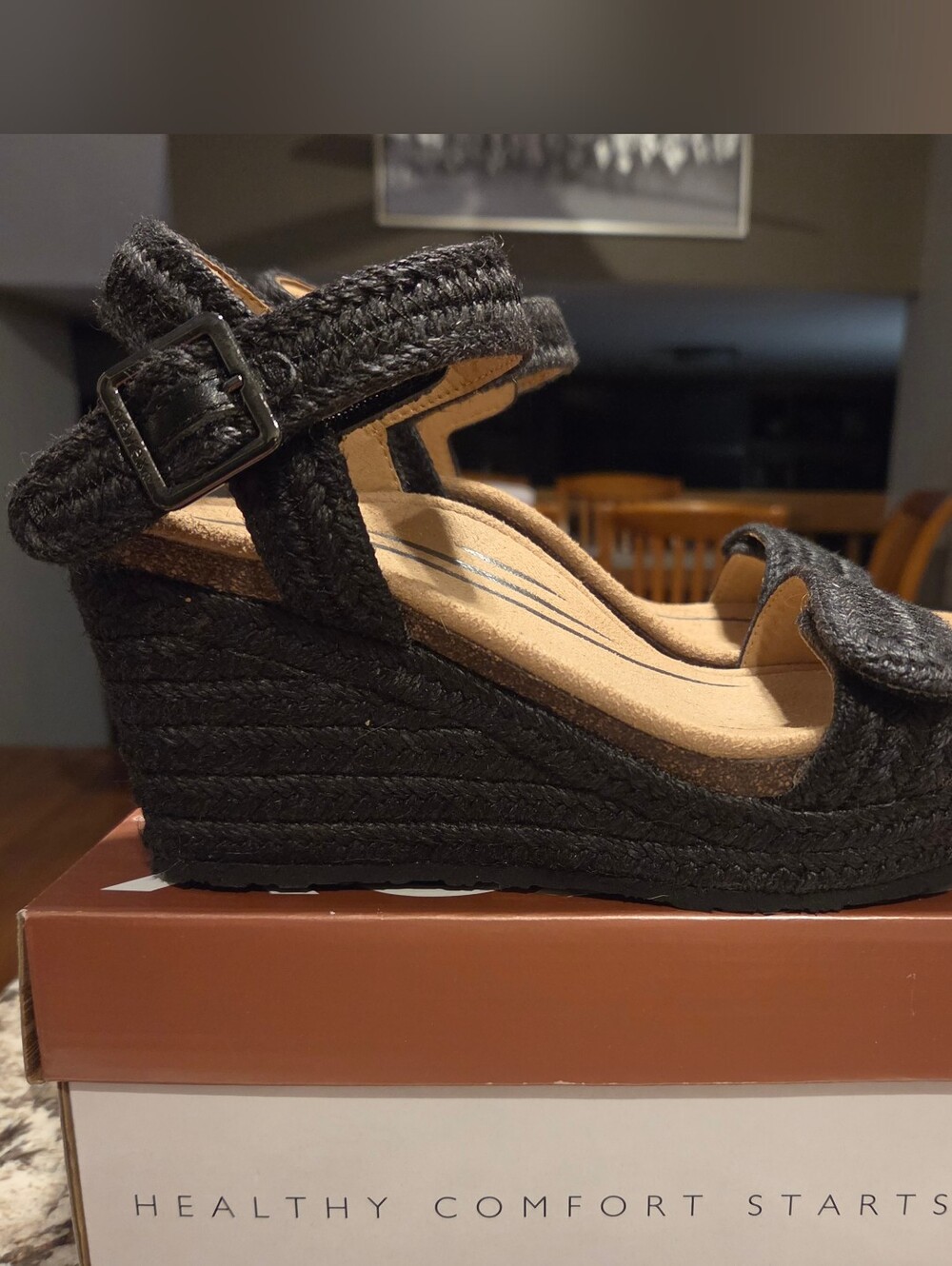 Aetrex Black Espadrille Wedge Size 7